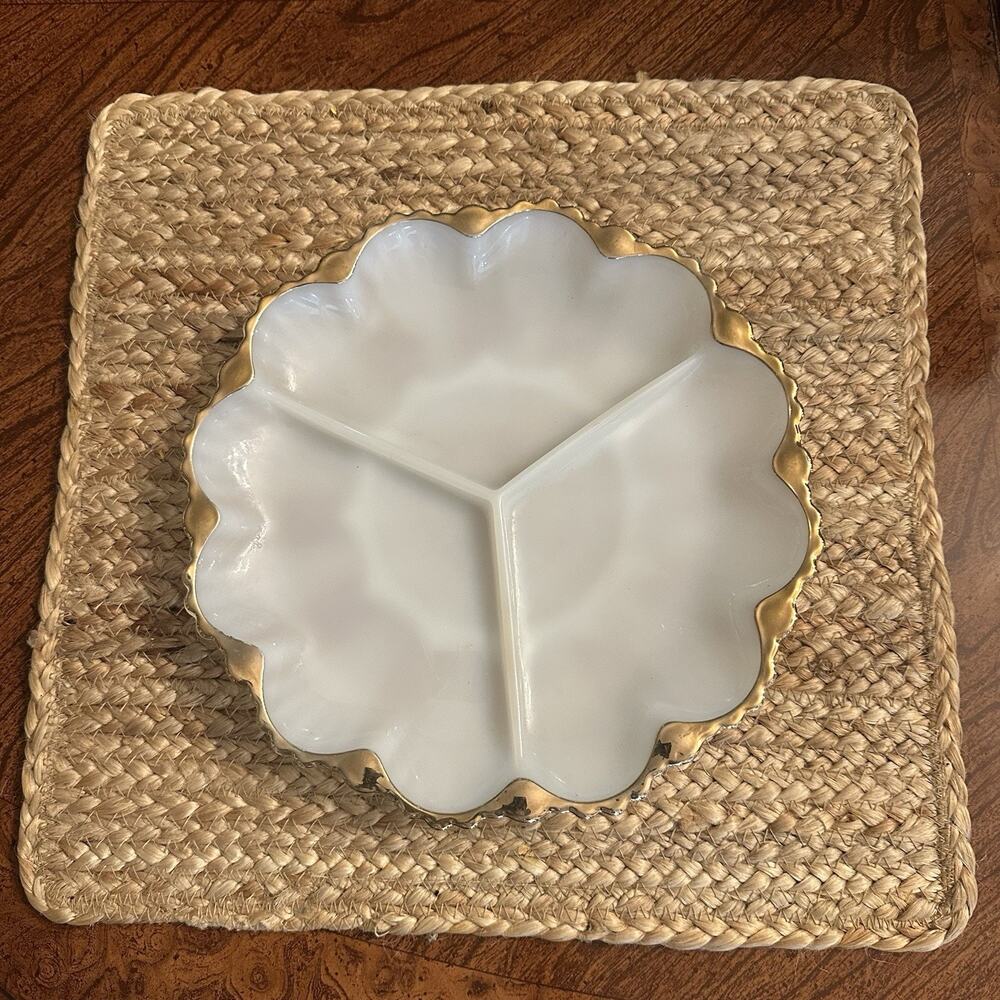 Vtg Fire King White Milk Glass Divided Relish Dish Gold Trim 50s Scalloped 10”